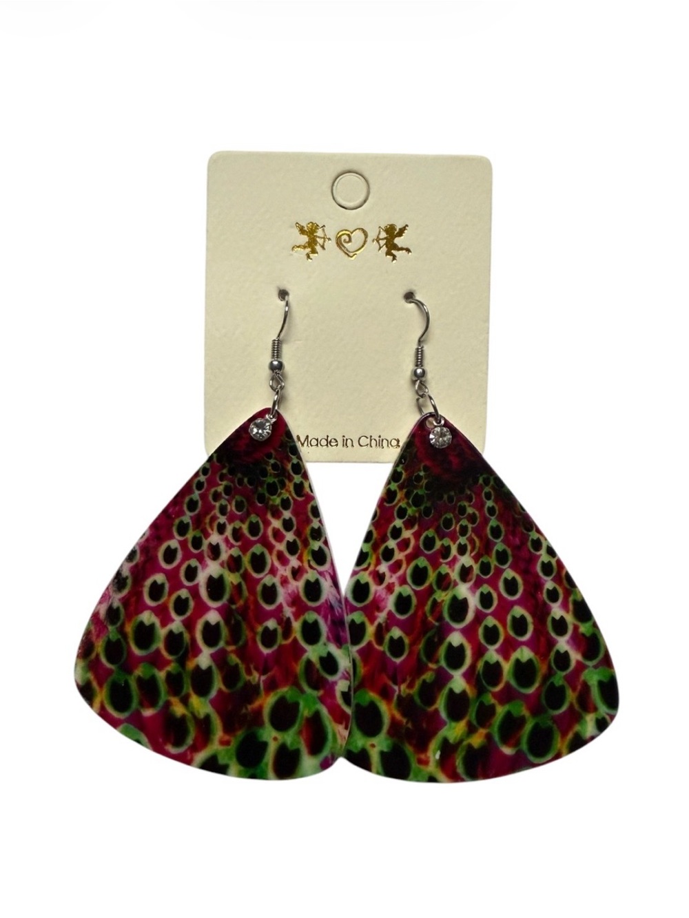 Abstract Peacock Design Rounded Triangle Shape Earrings